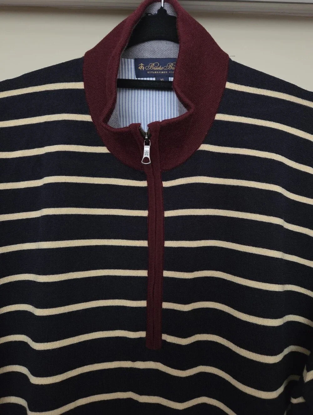 Brooks Brothers Mens Wool Half-Zip SweateR -NAVY/YELLOW STRIPES -XL